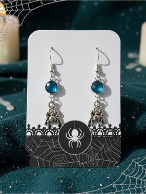 New Handmade Silver-Tone Spider Dangle Earrings with Topaz Blue Spacer Gem